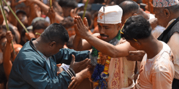 Sujan Bag Shrestha, 28, Upholds Tradition by Piercing Tongue for Biska Jatra
